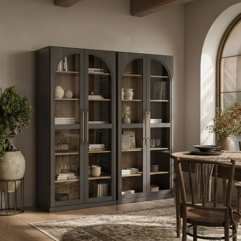 BELLEZE 67" Storage Cabinet Set of 2, 6 Shelf Glass Bookshelf Display Cabinet, Modern Wood Wine C... | Walmart (US)