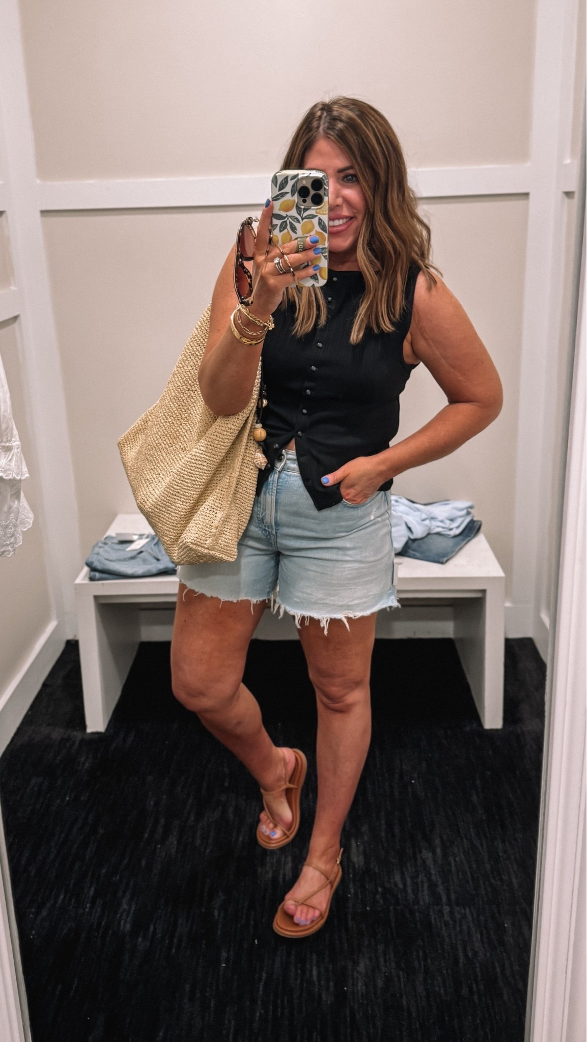 Love this outfit for vacation!

Black ribbed button up tank/ medium
Super comfy & a great summer basic

Denim shorts/size 30 super comfy with the perfect amount of stretch, high-rise with magic pockets, giving you a smooth stomach

Oversized shoulder bag is beautiful 

Sandals/ super comfy, and true to size 

￼

#LTKOver40 #LTKSaleAlert #LTKxMadewell