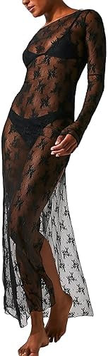 NUFIWI Women Vintage Y2k Lace Maxi Dress Long Sleeve See Through Mesh Bodycon Dress Floral Lace M... | Amazon (US)