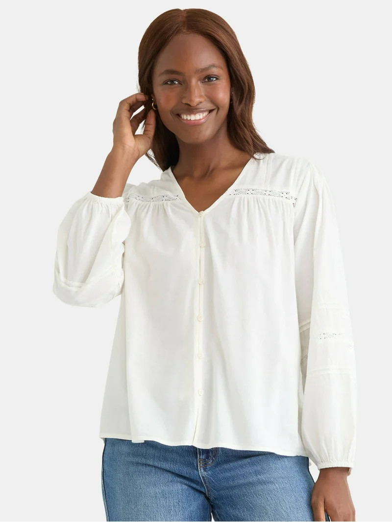 Time and Tru Women's Lace Inset Blouse with Long Sleeves, Sizes XS-XXXL | Walmart (US)