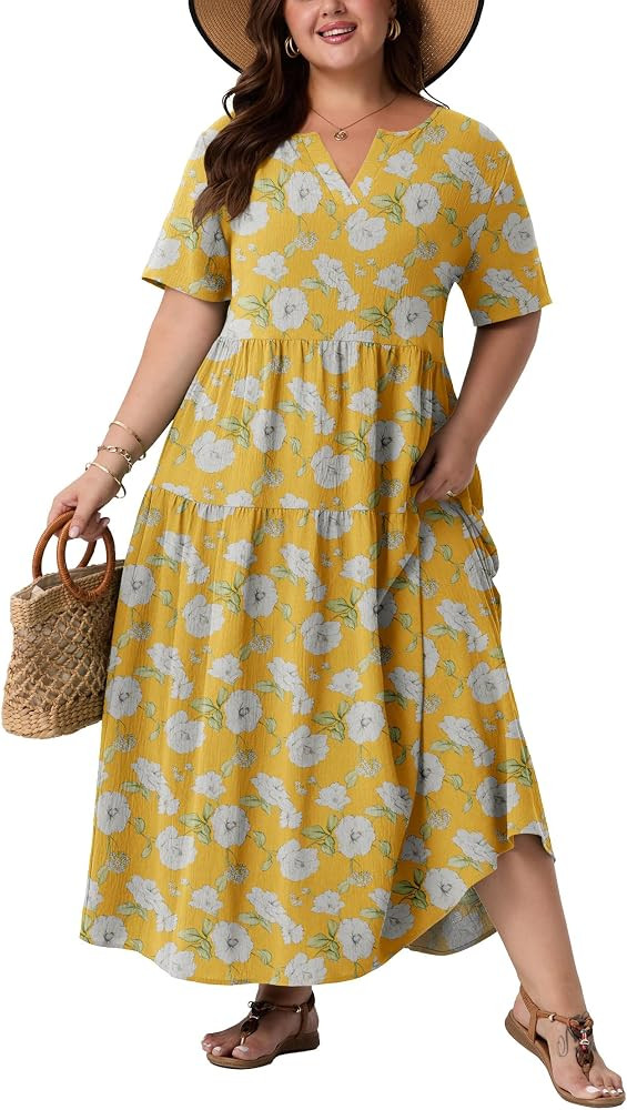 OLRIK Plus Size Maxi Dresses for Curvy Women - Flowy Boho Summer Dress with Pockets, V-Neck Short Sleeve for Beach Vacation | Amazon (US)