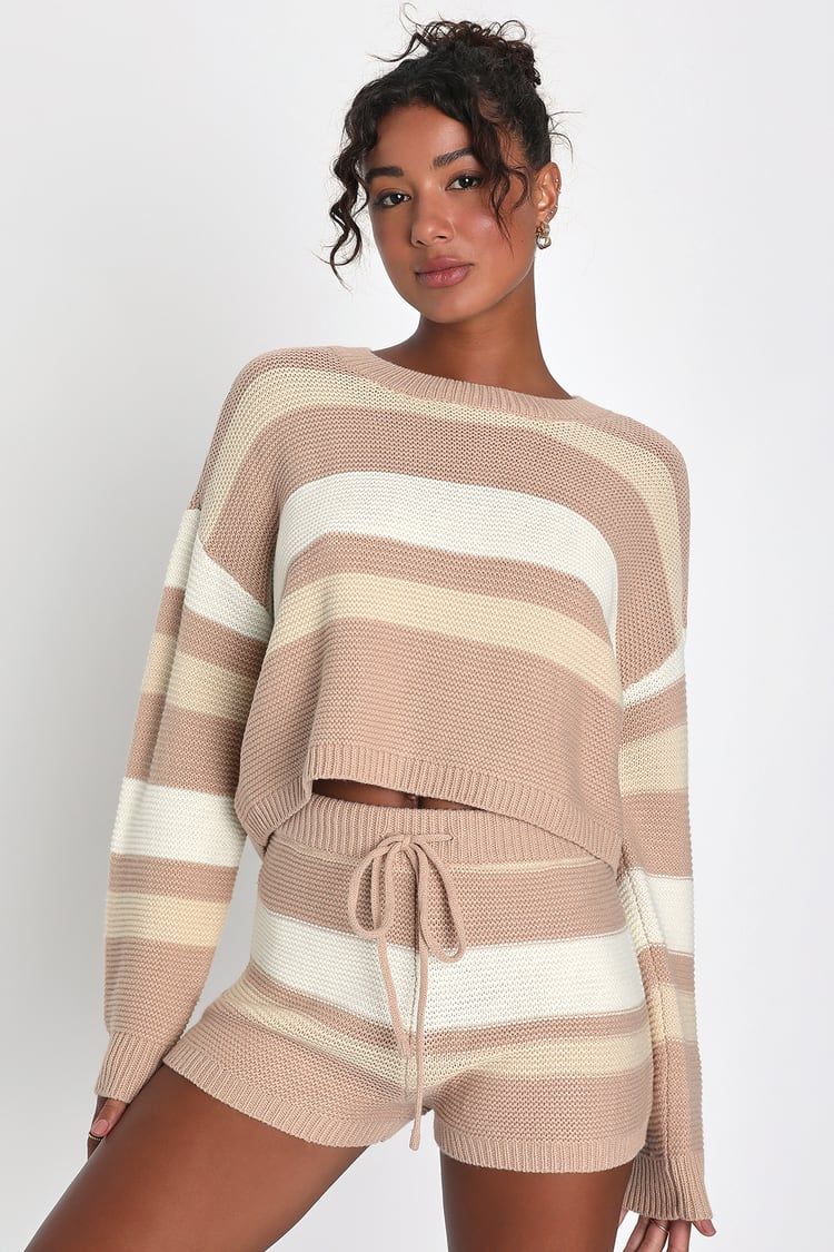 Warmest Hugs Light Brown Striped Knit Drawstring Shorts | Lulus