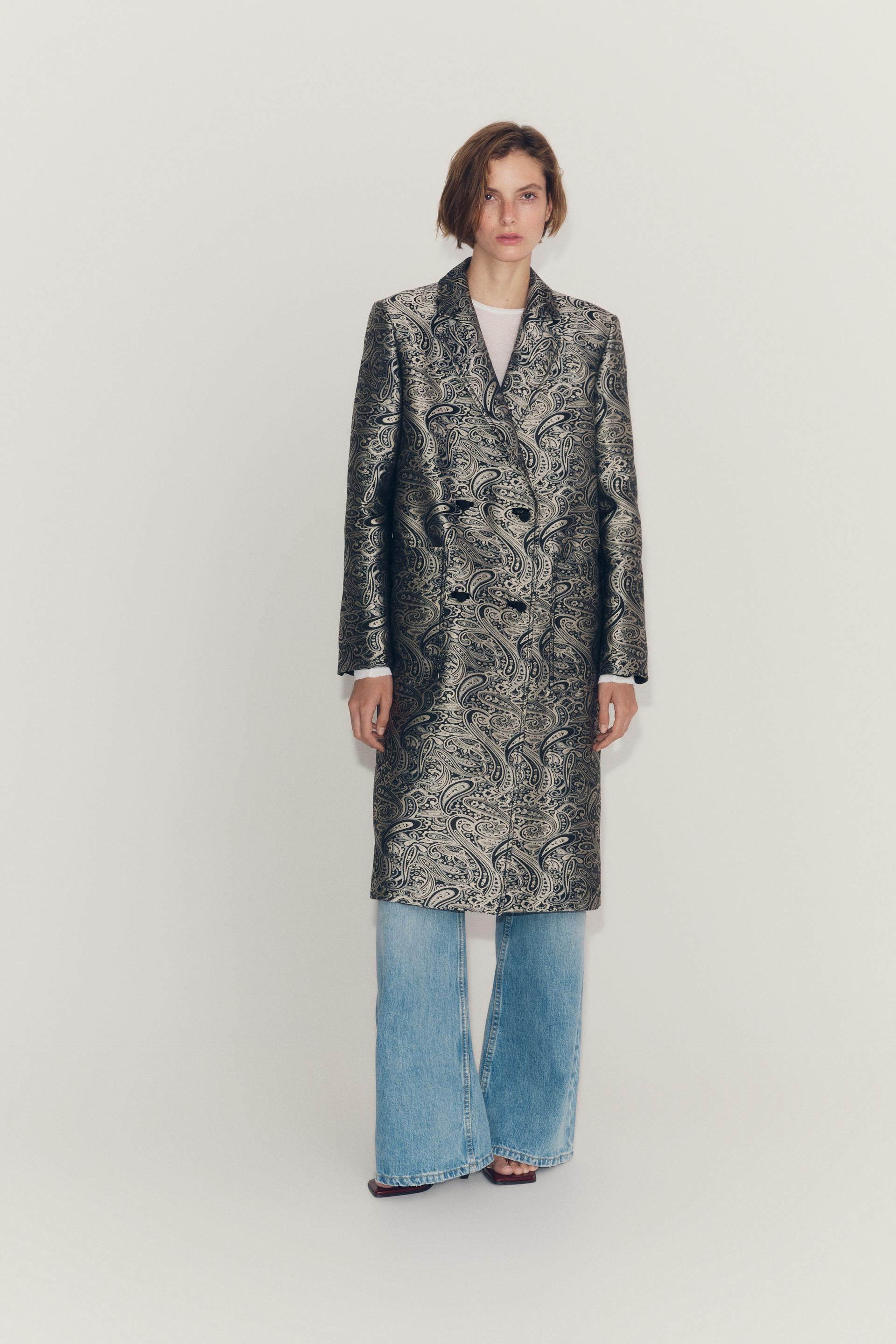 Zara - Zw Collection Jacquard Coat - Gray - L - Woman | Zara US