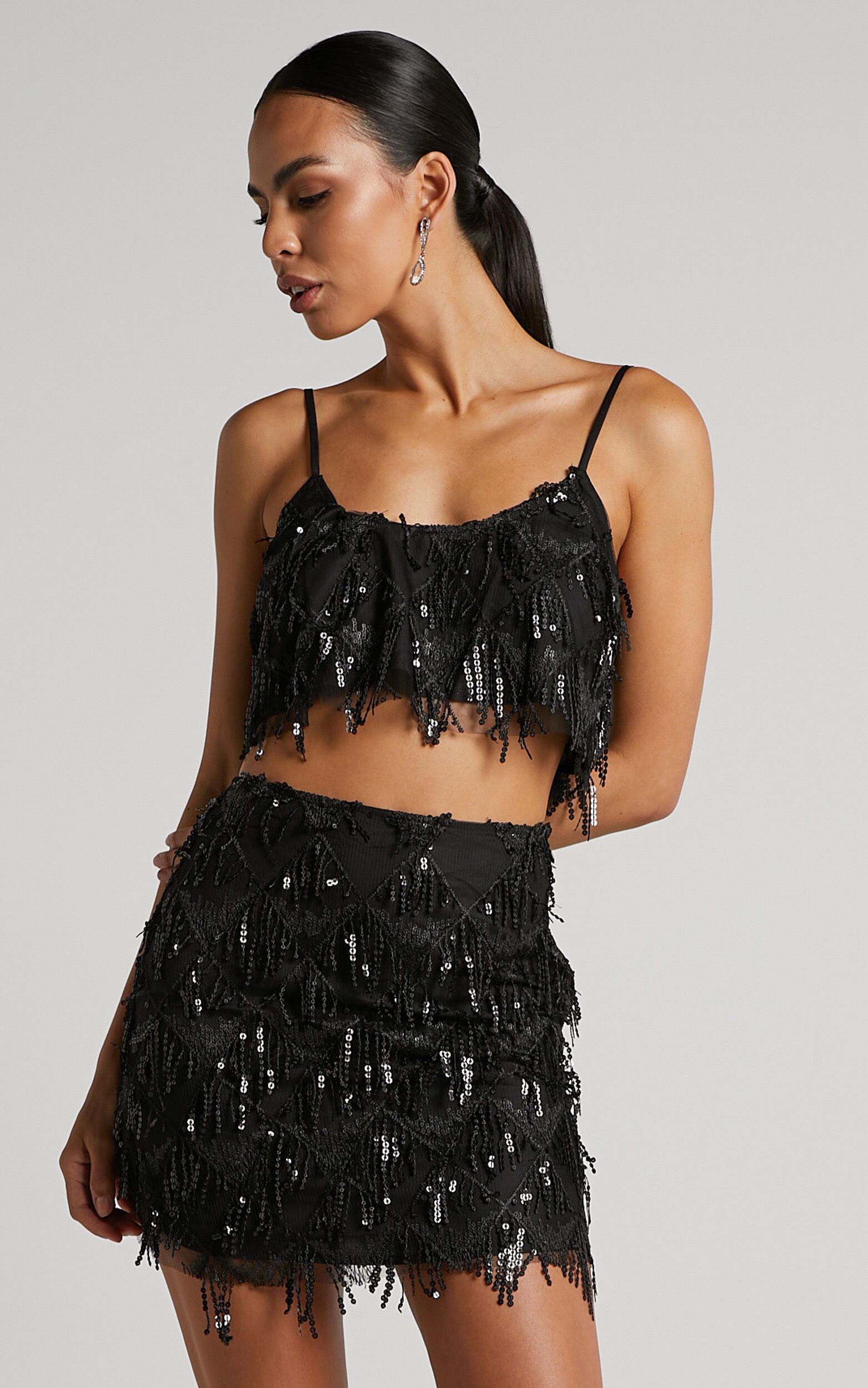 Khrizza Mini Skirt - Sequin Diamond Mesh Skirt in Black | Showpo (US, UK & Europe)