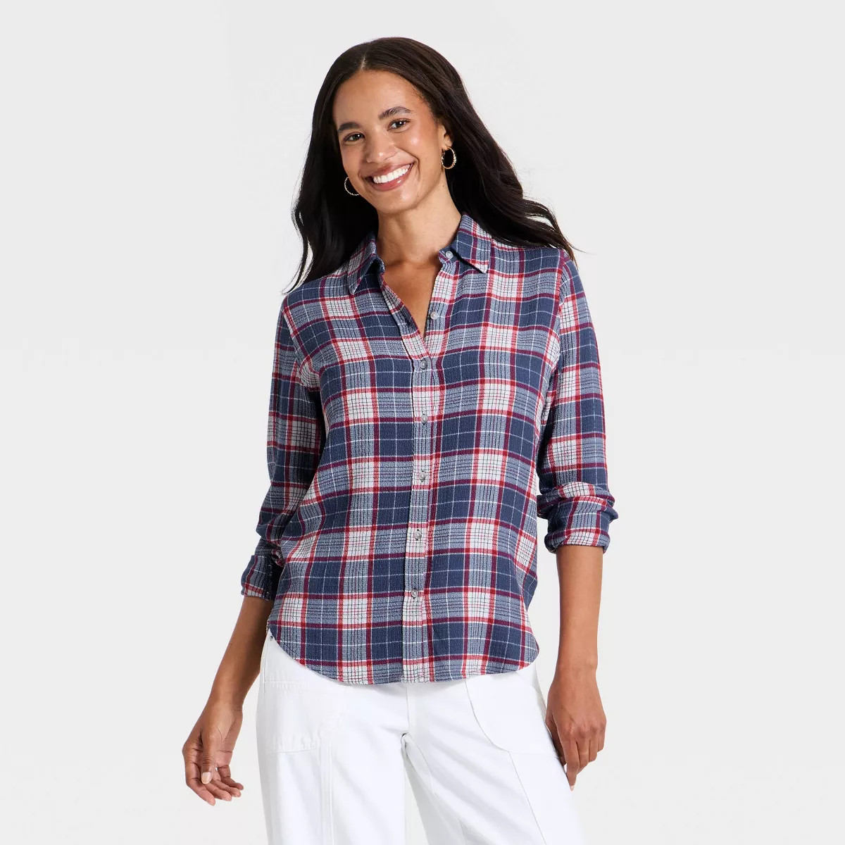 Women's Long Sleeve Pointed Collar Button-Down Shirt - Universal Thread™ Blue Plaid XS | Target