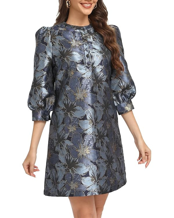 Ladyful Women's Floral Jacquard Shift Dress 2025 Long Puff Sleeve Button Up Elegant Cocktail Part... | Amazon (US)
