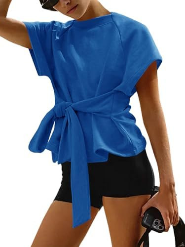 Fisoew Womens Summer Short Sleeves Tee Tops Crewneck Sweatshirt Tie Front Casual 2026 Trendy Fash... | Amazon (US)