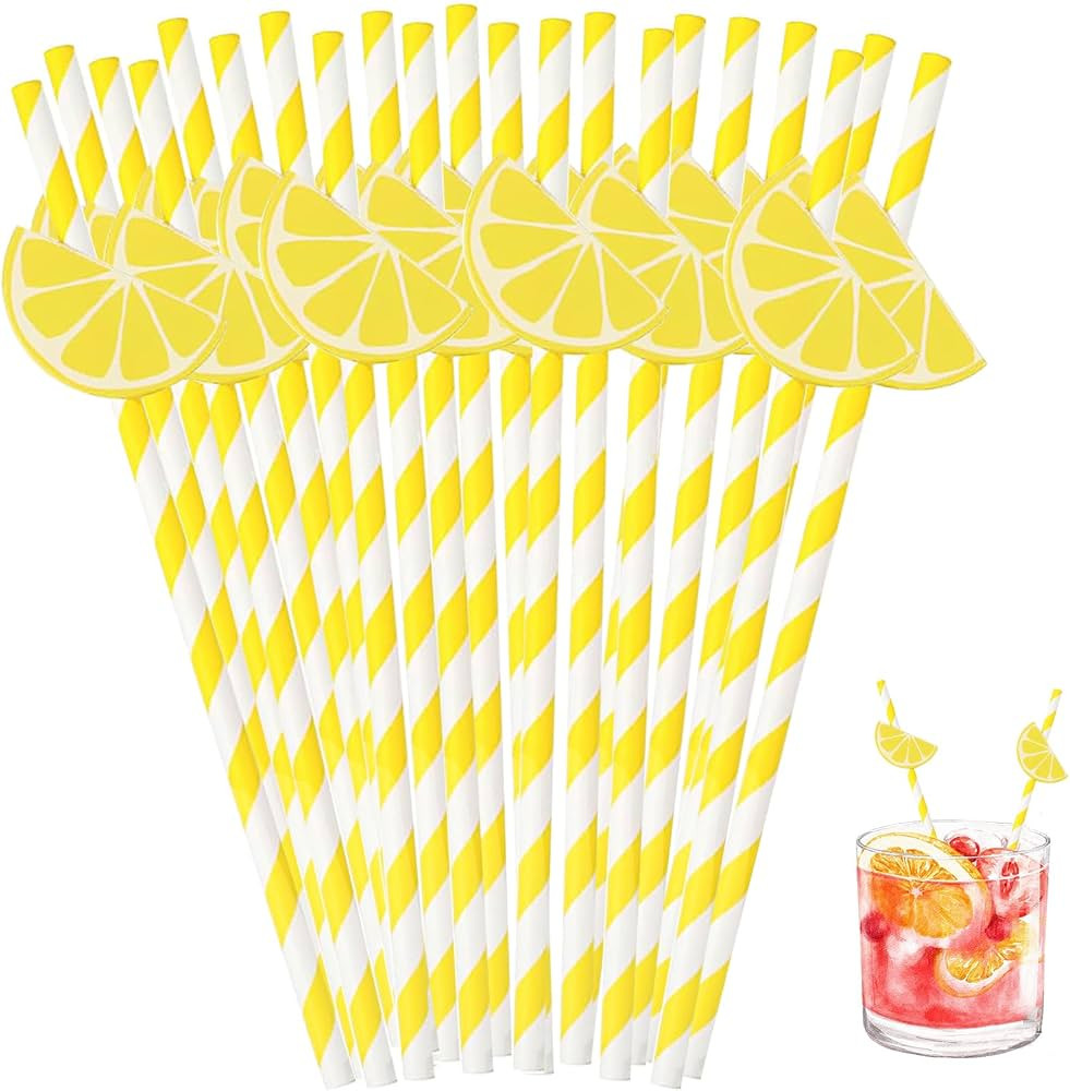 60 Pcs Lemon Paper Straws Disposable Cocktail Straws for Drinks Striped Straw for Milkshake Lemon... | Amazon (US)