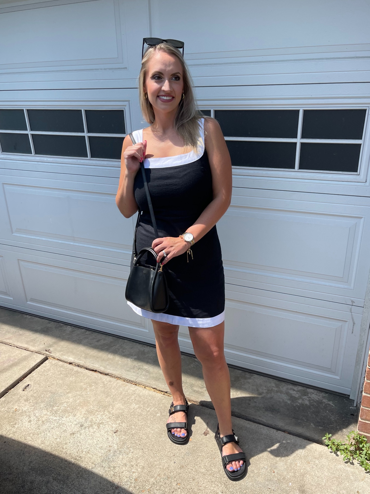 Abercrombie linen blend mini dress with wide straps. Wearing the medium tall  