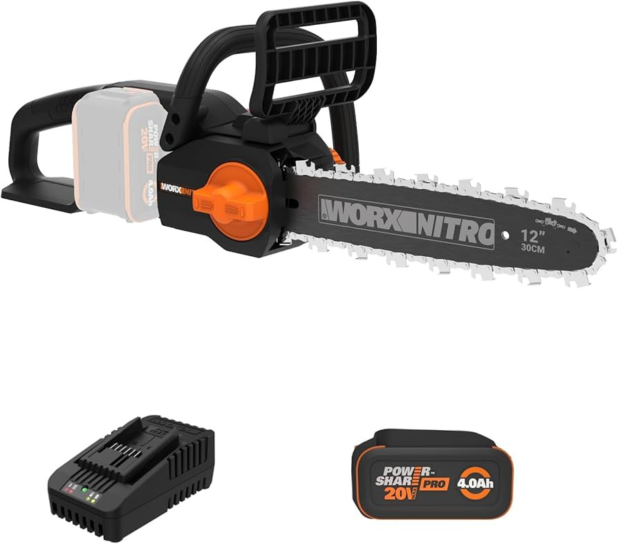 Worx Nitro 20V 12" Cordless Brushless Chainsaw 4.0 Ah Battery and Charger Included WG350 | Amazon (US)