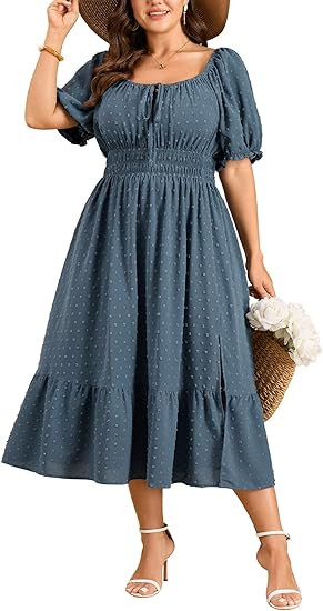 SCOMCHIC Women Plus Size Summer Dress Casual Boho Square Neck Tie Front Swiss Dot Spring A Line S... | Amazon (US)