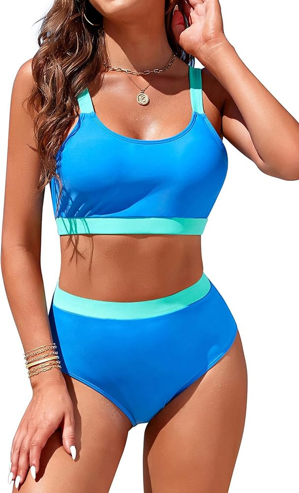 Womens High Waisted Bikini Sets Sporty Crop Top Color Block Swimwear Bandeau Scoop Neck Vintage T... | Amazon (US)