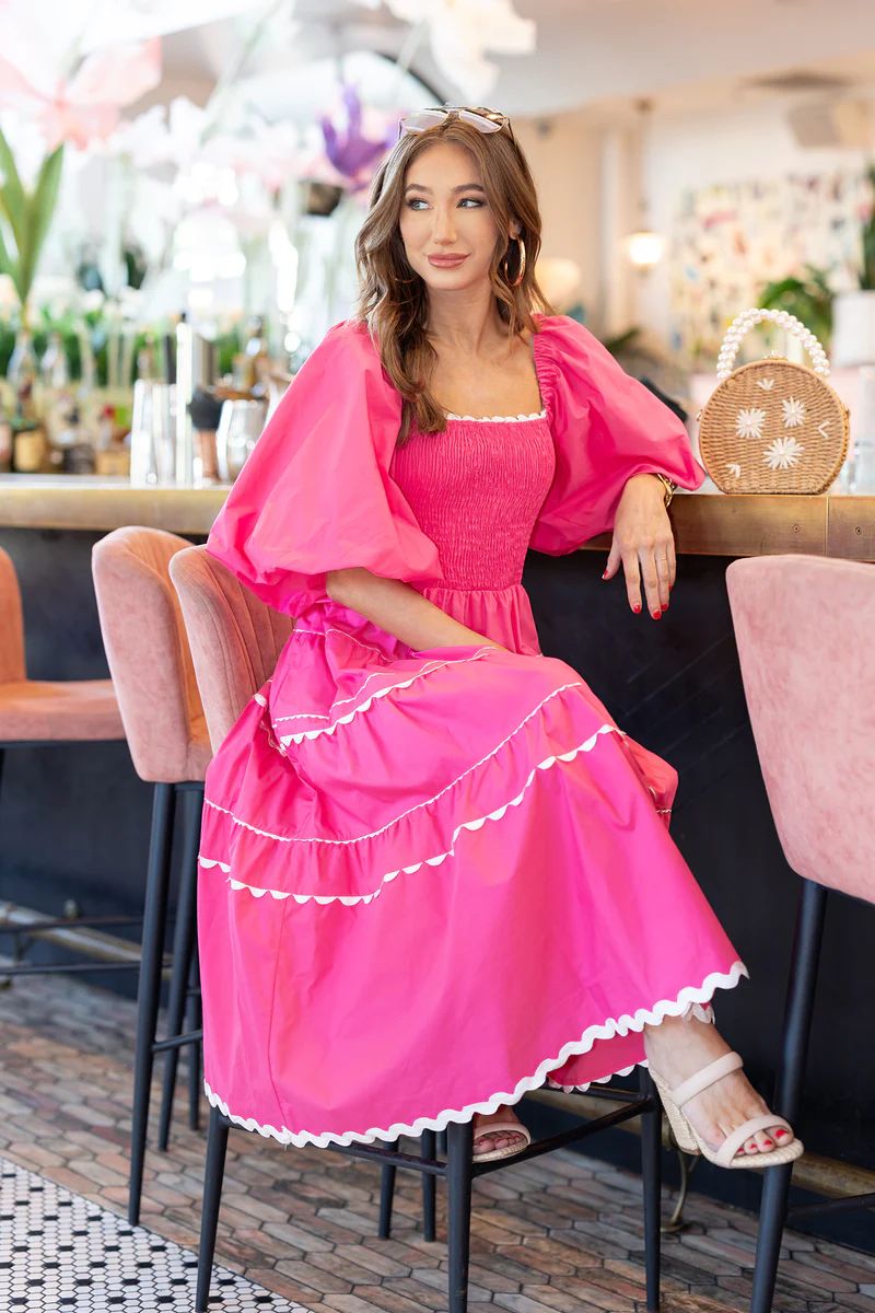 Pink Puff Sleeve Dress - Hot Pink Midi Dress | Avara