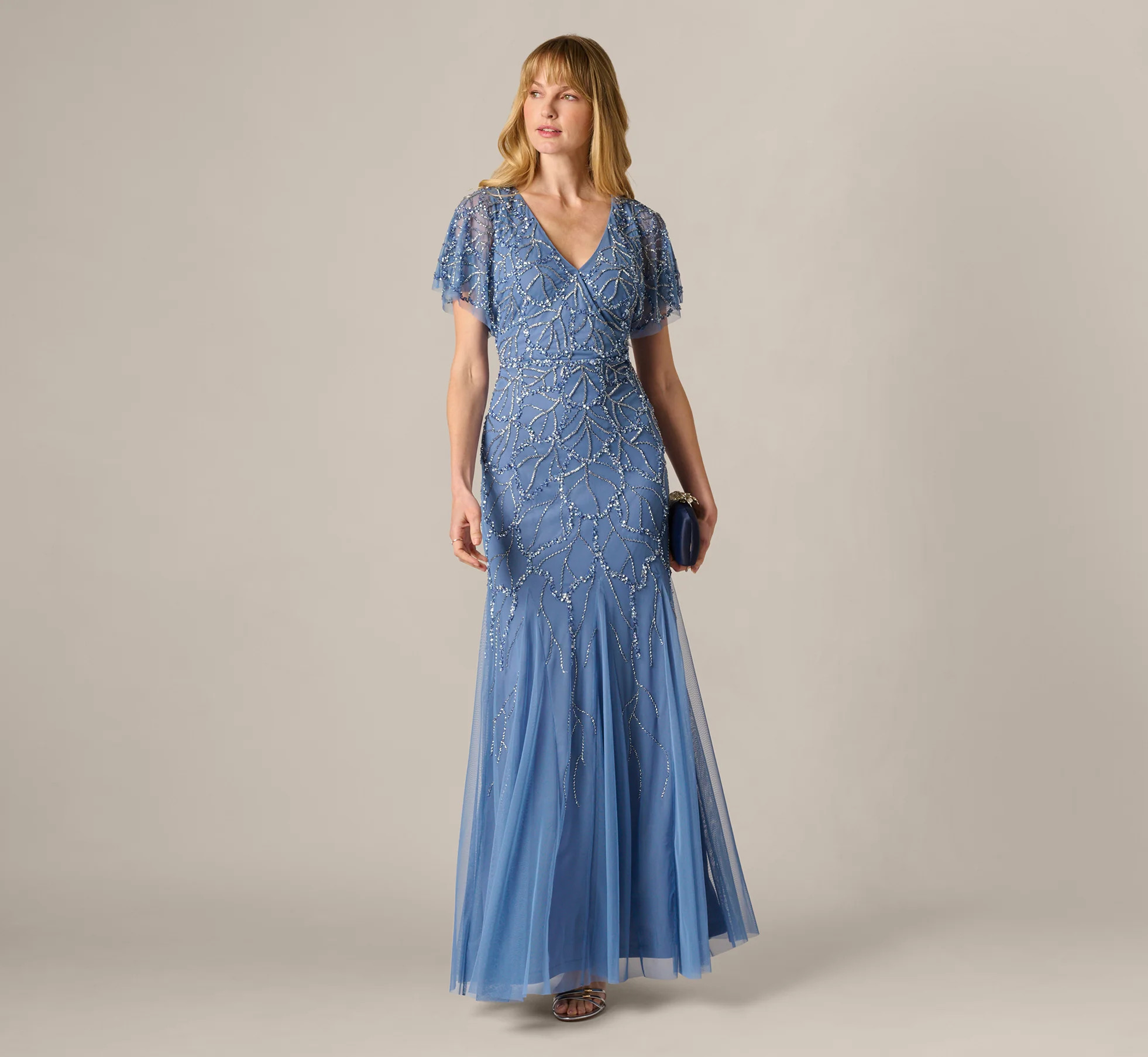 Flutter Sleeve Surplice Beaded Gown In French Blue | Adrianna Papell