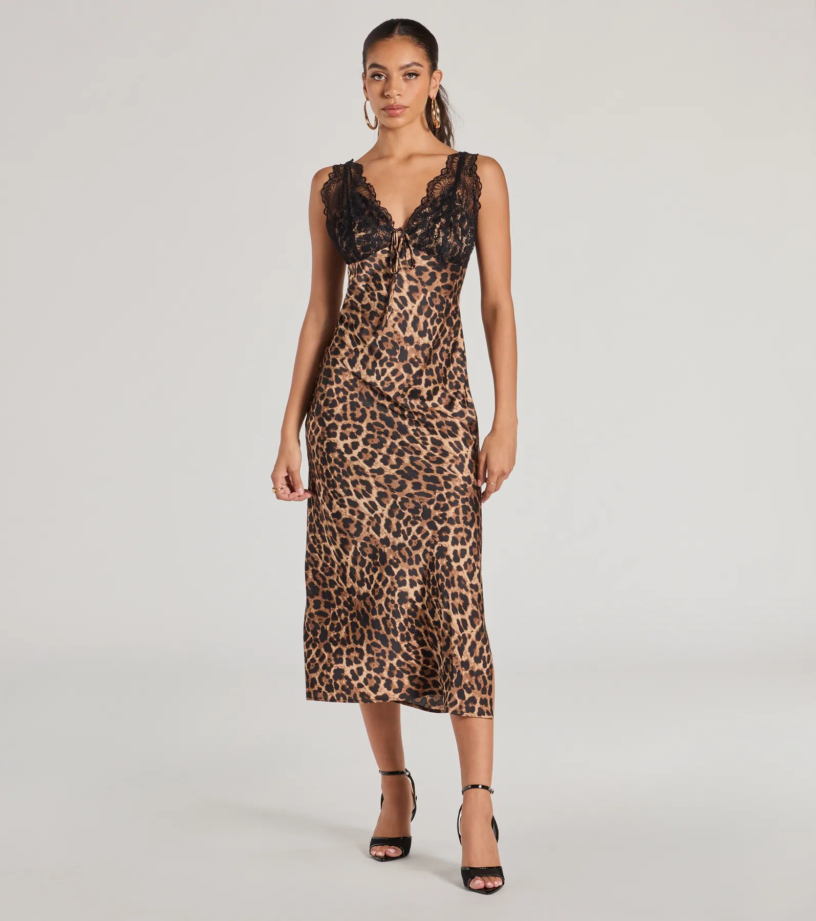 Sleek Leopard Print Lace And Satin Midi Dress | Windsor Stores