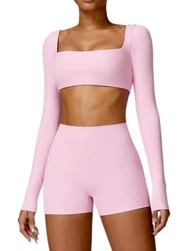 ABOCIW Womens Workout Sets Square Neck Long Sleeve Crop Tops Yoga Shirts High Waist Biker Shorts Gym Sets 2 Piece Outfits Pink Medium | Amazon (US)