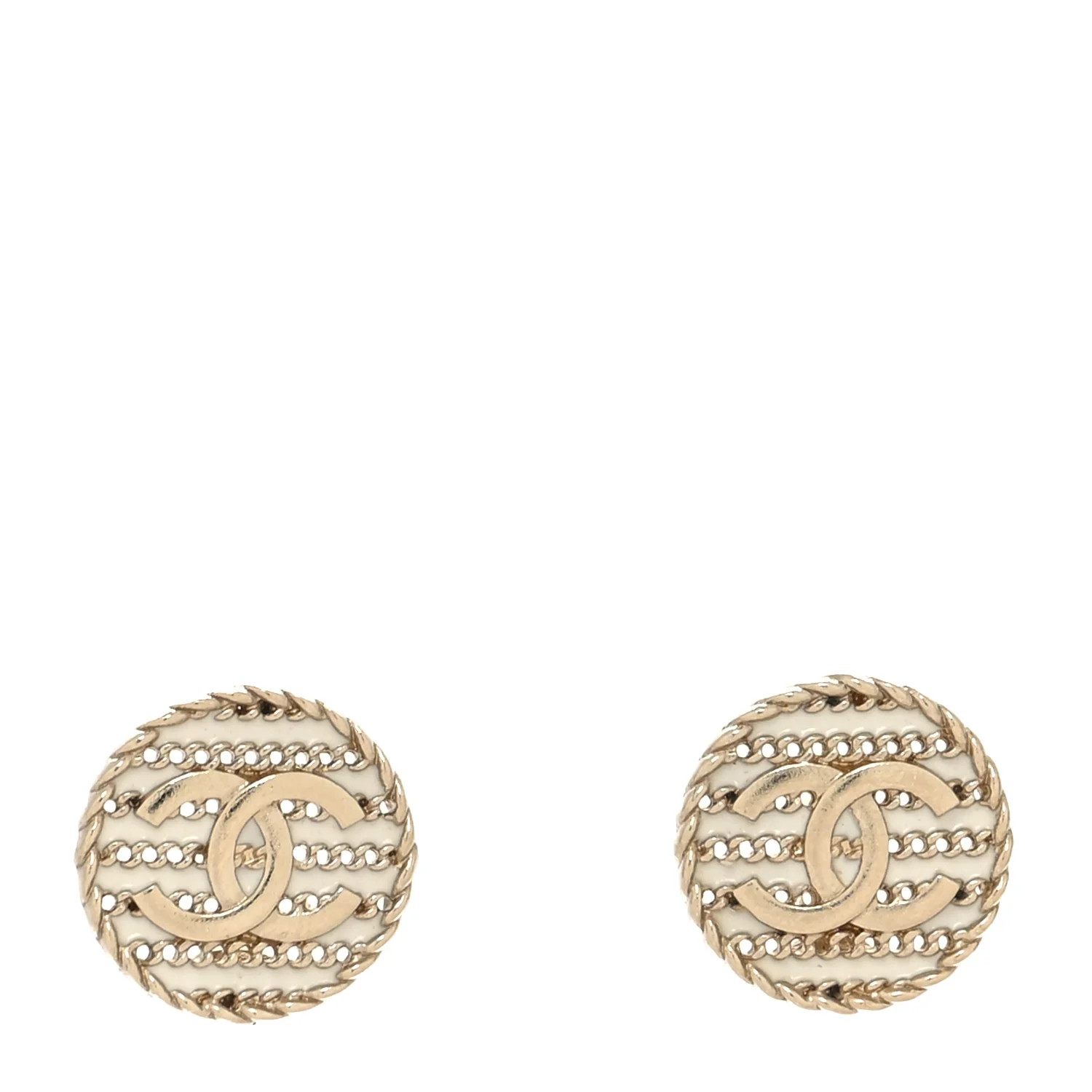 Chain CC Round Earrings Gold White | FASHIONPHILE (US)
