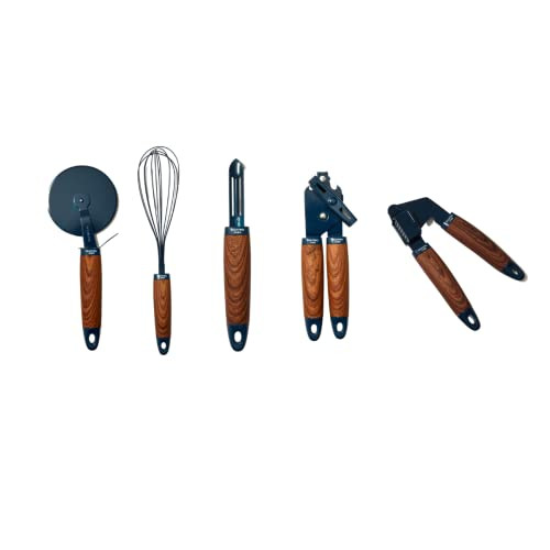 Phantom Chef 5 Piece Kitchen Gadget Set | Pizza Cutter, Egg Whisk, Vegetable Peeler, Can Opener, Garlic Press | Stainless Steel | With Soft Touch Faux Wood Handle | 5 Pcs Cooking Utensil Set (Navy) | Amazon (US)