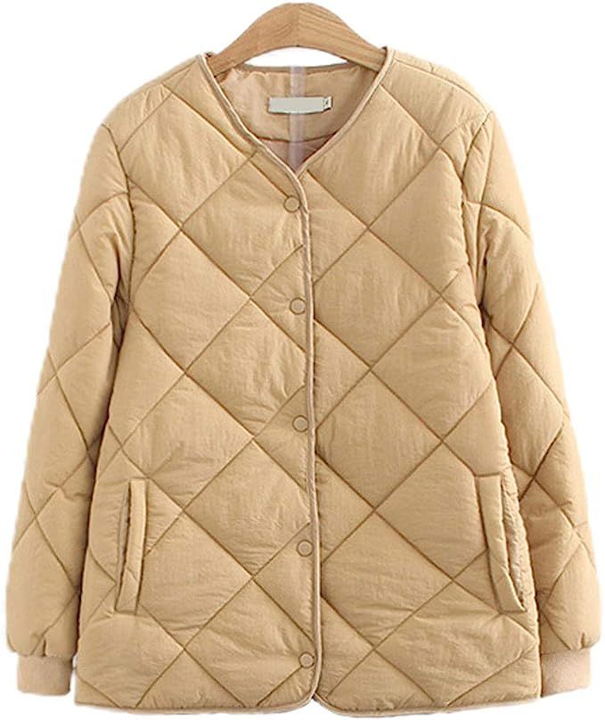 GGUHHU Womens Simple Button Down Padded Coat Collarless Long Sleeve Quilted Jacket | Amazon (US)