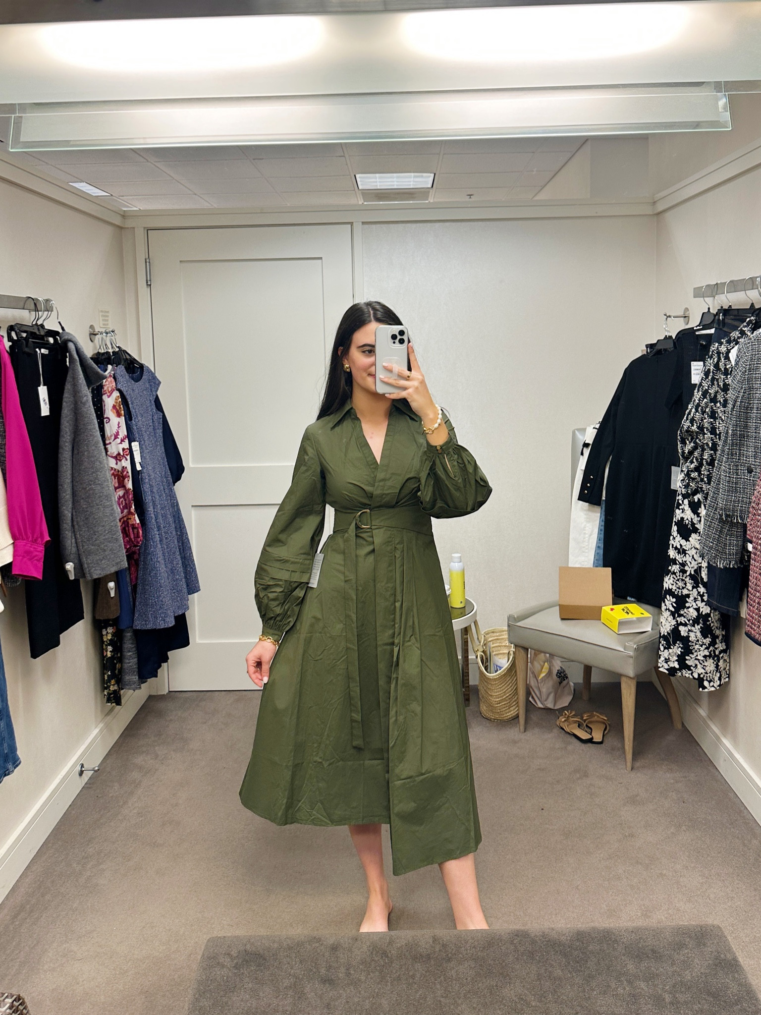 Gorgeous olive green dress! You can wear it now with sandals and into the fall! Would be a great wedding guest dress!