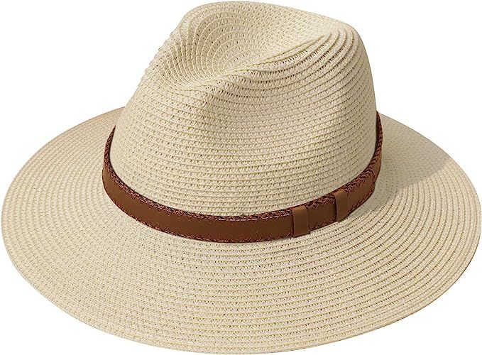 Lanzom Women Wide Brim Straw Panama Roll up Hat Fedora Beach Sun Hat UPF50+ | Amazon (US)