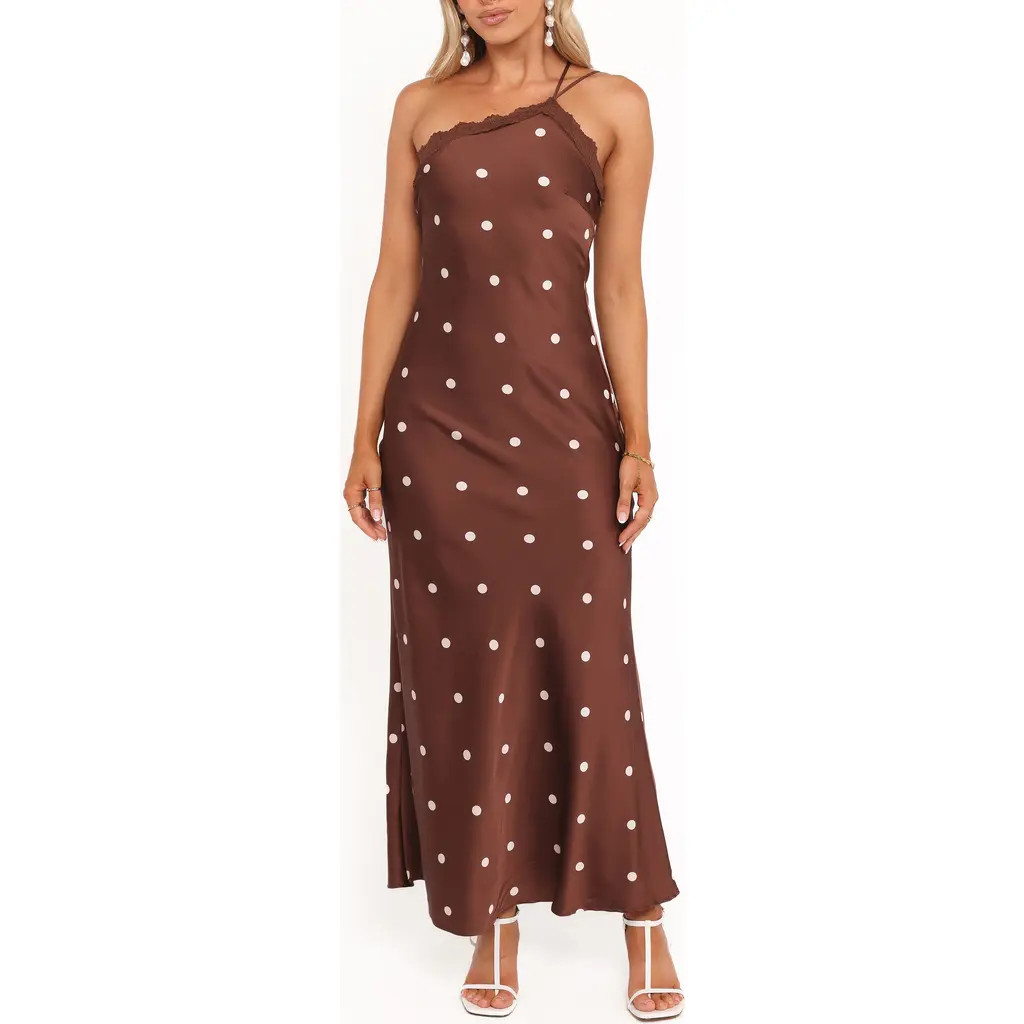 Petal & Pup Anika Dot One-Shoulder Satin Maxi Dress in Brown Polka Dot at Nordstrom, Size X-Large | Nordstrom
