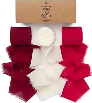 Vitalizart Red Chiffon Silk Ribbon 1.5" x 21Yd Handmade Frayed Edge Burgundy & White Ribbons for ... | Amazon (US)