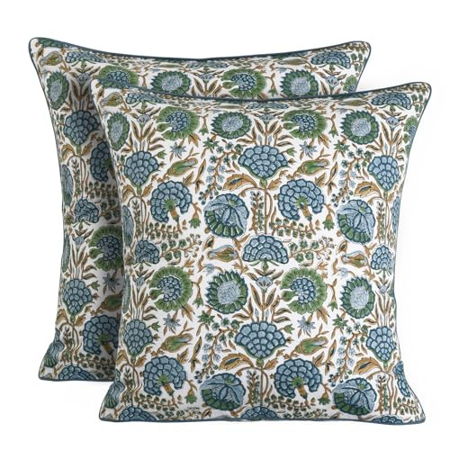 Ridhi Block Print Asparagus Green Pillow Cover 20" x 20" (Pack of 2) Decorative Couch Pillows for... | Amazon (US)