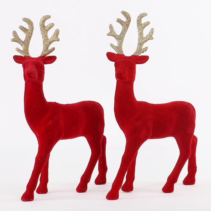 Christmas Reindeer Tabletop 2 Set 12.5" H Red Flocking Standing Deer Decorations, Indoor Decorati... | Amazon (US)