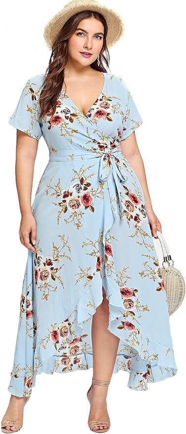 Milumia Plus Size Casual V Neck Belted Empire Waist Asymmetrical Maxi Dress | Amazon (US)
