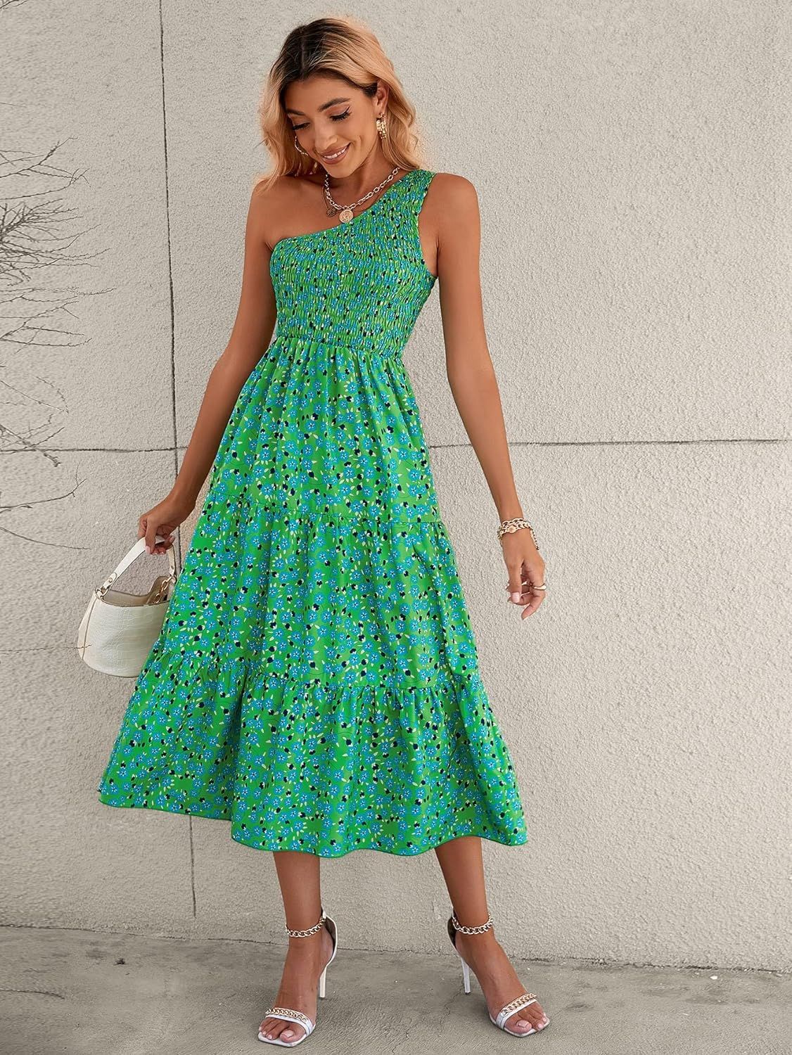 Milumia Women Ditsy Floral Sundress One Shoulder Shirred Ruffle Long Summer Dress | Amazon (US)