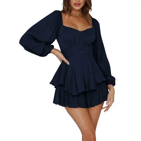 Canrulo Women s Off Shoulder Ruffle Dress Lantern Long Sleeve Ruffle Tie Mini Shorts Jumpsuit Smocke | Walmart (US)