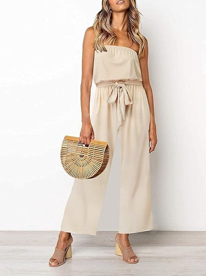 ZESICA Women's 2024 Casual Off Shoulder Solid Color Strapless Belted Wide Leg Jumpsuit Romper | Amazon (US)