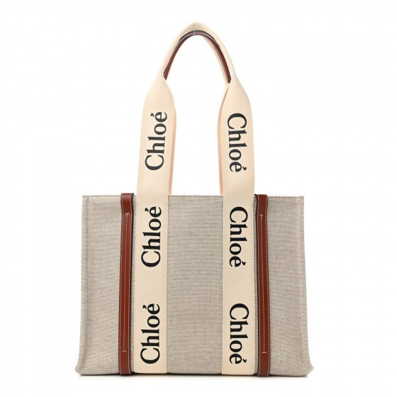 CHLOE Cotton Calfskin Medium Woody Ribbon Tote White Brown | Fashionphile