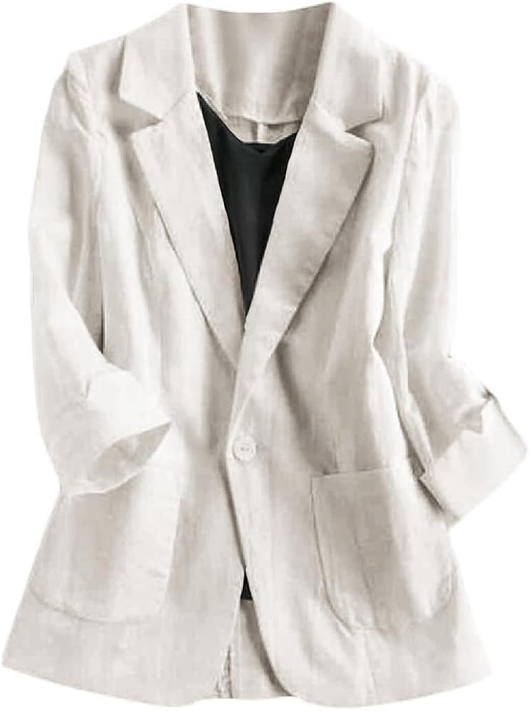 Jofemuho Womens Casual Solid Cotton Linen 3/4 Sleeve Short OL Work Blazer Jacket Coat | Amazon (US)