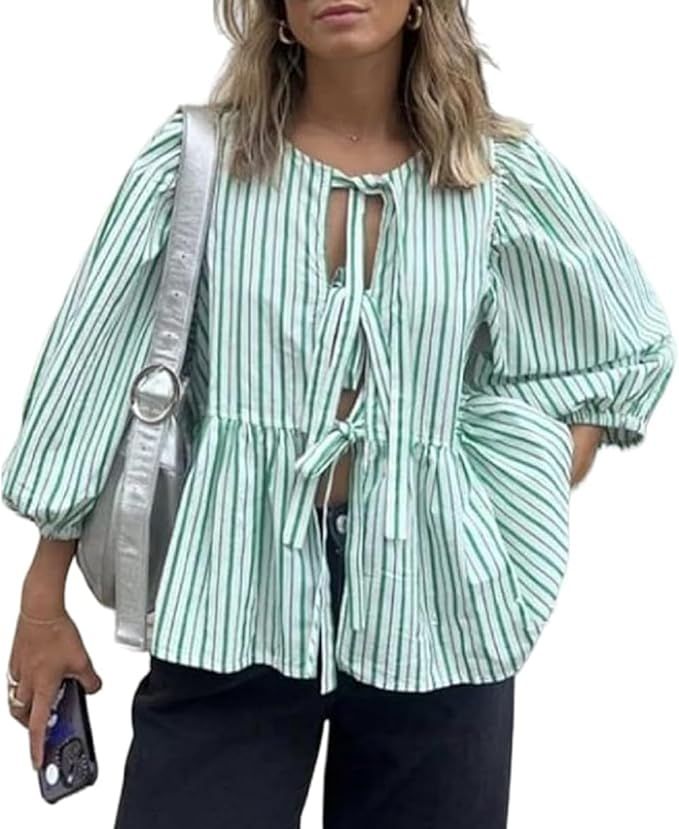 Y2K Women Puff Short Sleeve Peplum Shirt Front Tie Tops Ruffle Hem Blouses Tops Cute Babydoll Top... | Amazon (US)