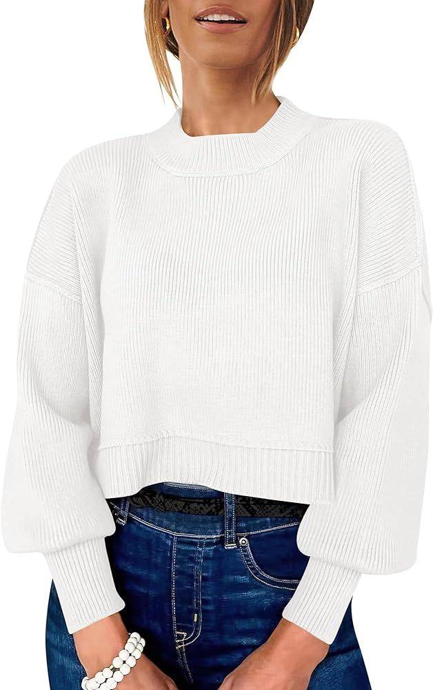ANRABESS Women Crewneck Cropped Sweater Batwing Sleeve 2023 Trendy Oversized Side Slit Ribbed Kni... | Amazon (US)
