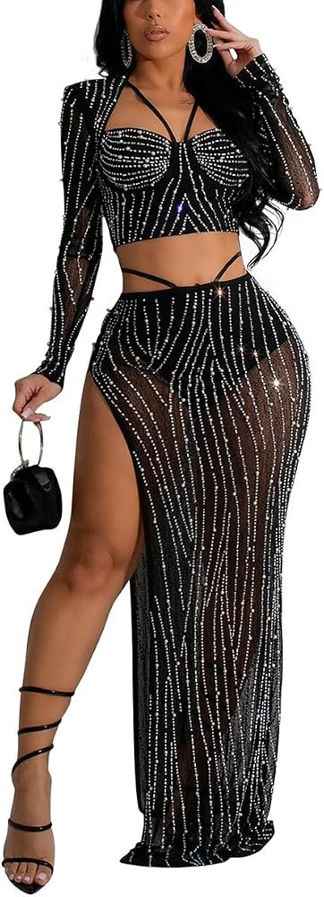 Women's Dress 2 Piece Outfit Rhinestone Sheer Mesh Long Sleeve Crop Top and High Slit Maxi Skirt ... | Amazon (US)