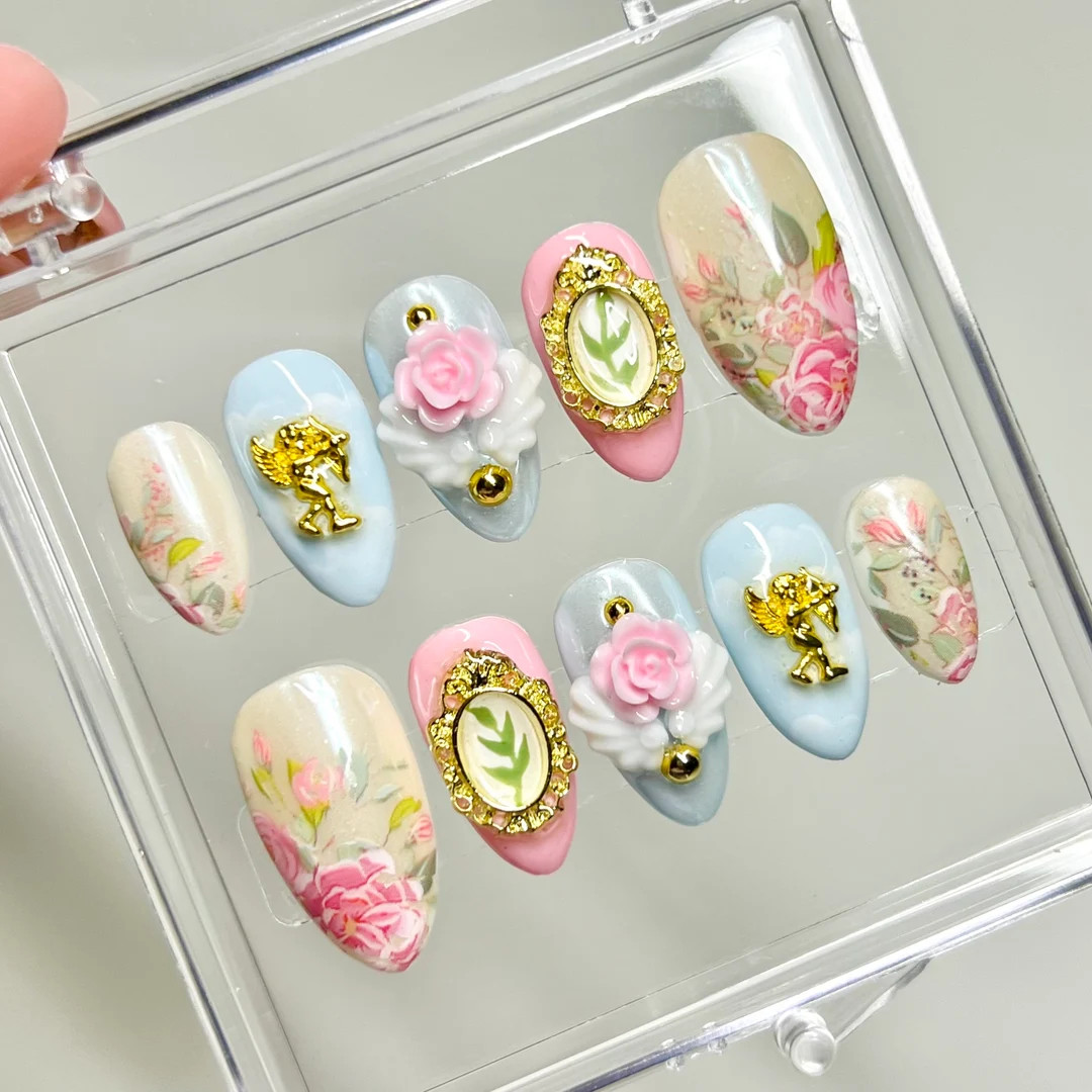 Cupid’s Arrow Press-on Nails || gold cherub angel nails, cupid nails, floral rose nails | Etsy (US)