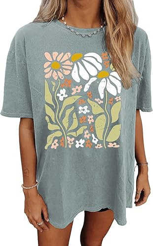Wildflowers Shirt for Women Oversized Vintage Floral T Shirts Inspirational Graphic Tees Summer Casual Loose Beach Tops(Large,Green) | Amazon (US)