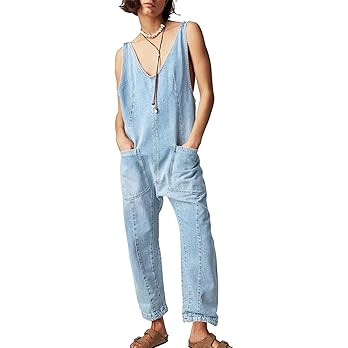 PLNOTME Women's Denim Overall Jumpsuits Sleeveless V Neck Adjustable Straps Jeans Long Pants Romp... | Amazon (US)