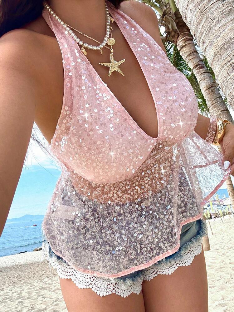 Pink sparkly mesh halter | SHEIN
