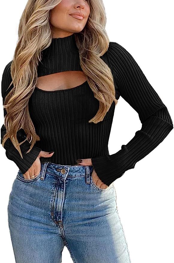 PRETTYGARDEN Women's 2 Piece Cutout Tops Long Sleeve Mock Neck Rib Knit Fitted Pullover Sweater | Amazon (US)
