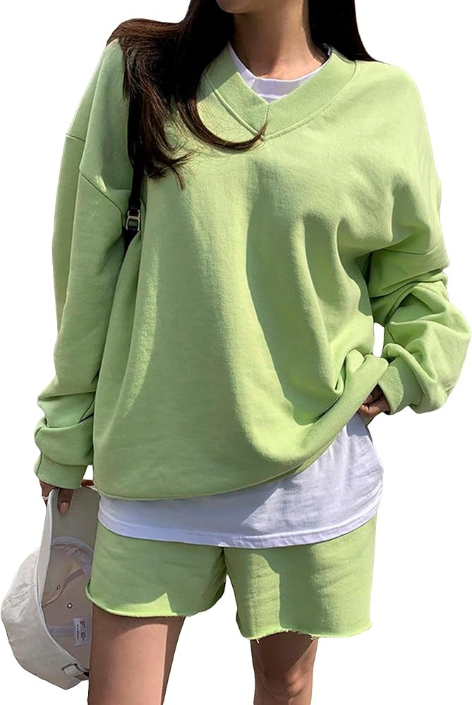 SHENHE Women's 2 Piece Sweatsuit Outfits V Neck Oversized Sweatshirt and Shorts Set Tacksuit | Amazon (US)