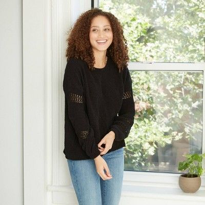 Women's Crewneck Chenille Pullover Sweater with Pointelle Sleeves - Knox Rose™ | Target