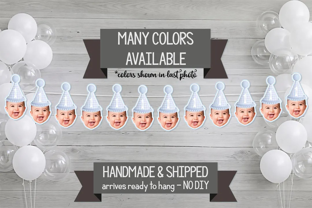 Gingham Birthday Hat Photo Banner - Baby Photo Face Party Decor - Pastel Blue Gingham Birthday - ... | Etsy (US)