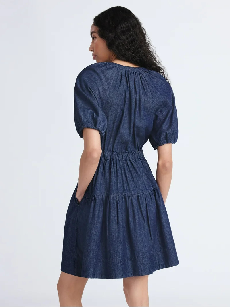Free Assembly Women's Denim Tiered Mini Dress with Puff Sleeves, Sizes XS-XXL | Walmart (US)