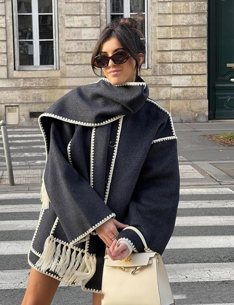 Womens Wool Blend Coat Oversized Embroidered Scarf Jacket Long Sleeve Button Down Outerwear with ... | Amazon (US)