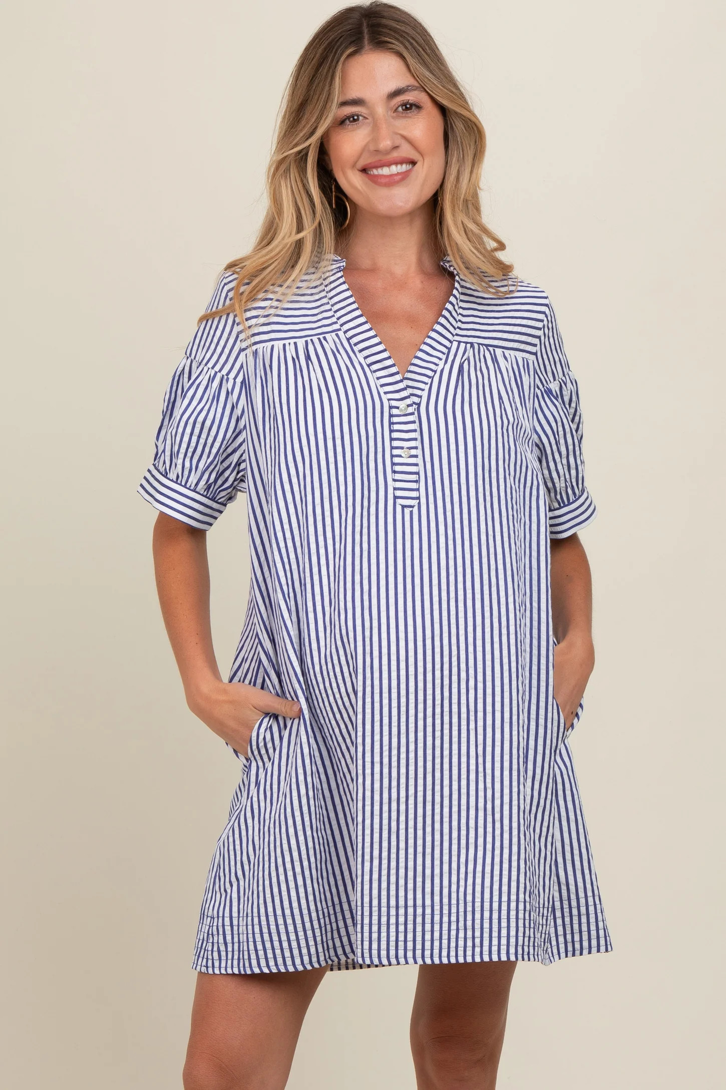 Navy Striped Maternity Shirt Dress | PinkBlush Maternity