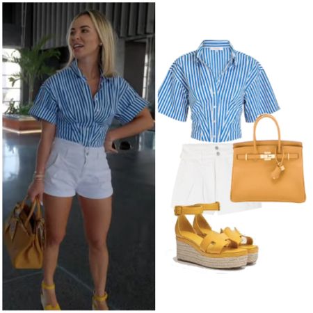 Nicole Martin’s Blue and White Striped Shirt, Shorts, Bags and Shoes (shoes linked in white, smaller bag linked)